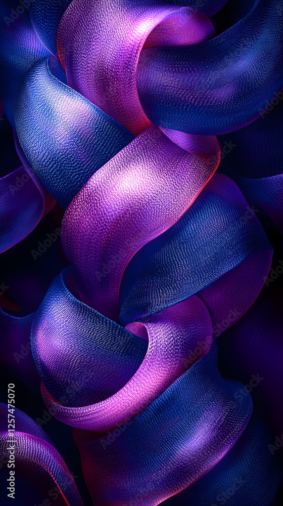Poster vibrant flowing ribbons in shades of purple and blue creating an abstract dynamic wave pattern.