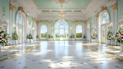 Fototapeta premium Grand ballroom, sunlight, garden view, elegant wedding