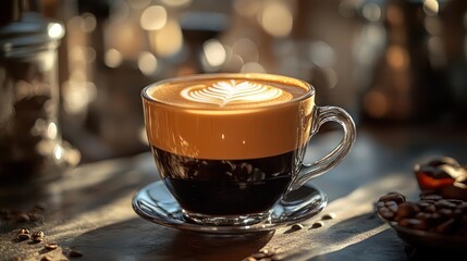 A cup of coffee with a layered effect, featuring espresso and milk