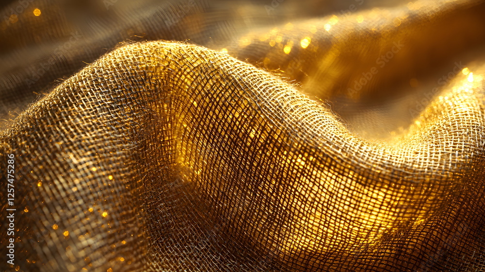 Aufkleber soft golden fabric draping elegantly with shimmering threads illuminated by gentle light.