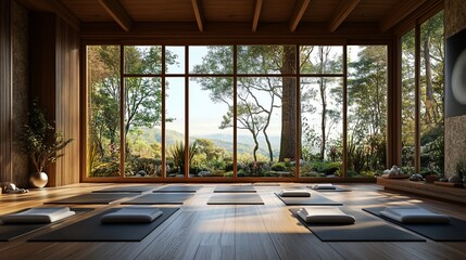 Serene yoga studio, forest view, mats ready