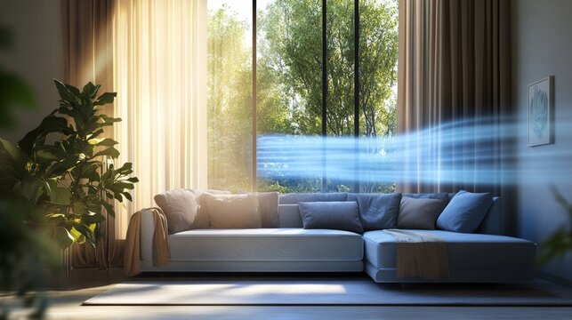 residential cooling unit photography, luminous blue airflow streams, comfortable sectional sofa, large windows with dual curtain layers, decorative indoor foliage, diffused natural lighting, serene