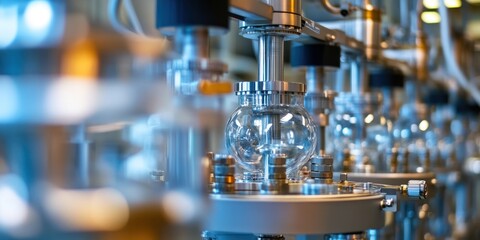 A close-up of catalysts and advanced machinery used in refining processes, with a focus on clean energy outputs