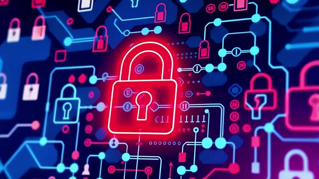 Digital illustration of a secure network featuring glowing padlocks and interconnected lines in a tech environment