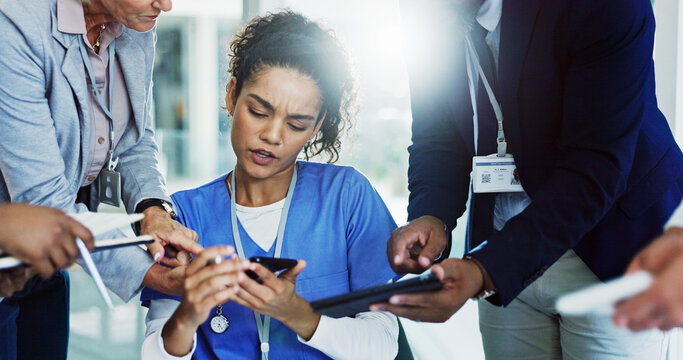 Frustrated woman, nurse and multitasking with team for overworked pressure or chaos at busy hospital. Female person, healthcare employee or demanding colleagues with technology for workload stress
