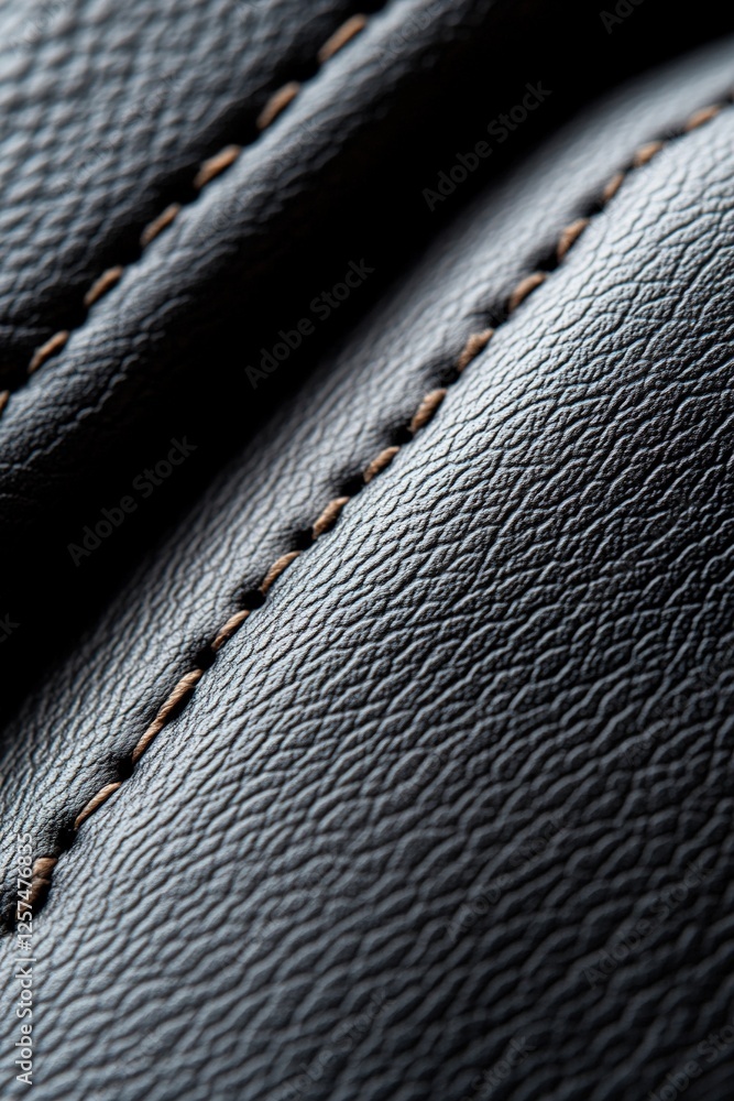 Poster close-up of a soft-focus black leather texture showcasing raised stitching in a subtle pattern, perf