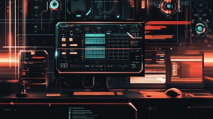 Futuristic tech control room; red interface displays data; background glows orange
