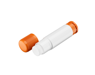 Close-up of an open glue stick with a white body and orange cap. Minimalist design on a plain background, 3d illustration