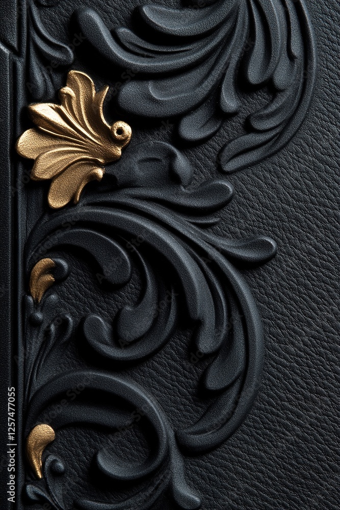 Aufkleber luxurious black leather features intricate embossed designs and subtle gold foil highlights, creatin