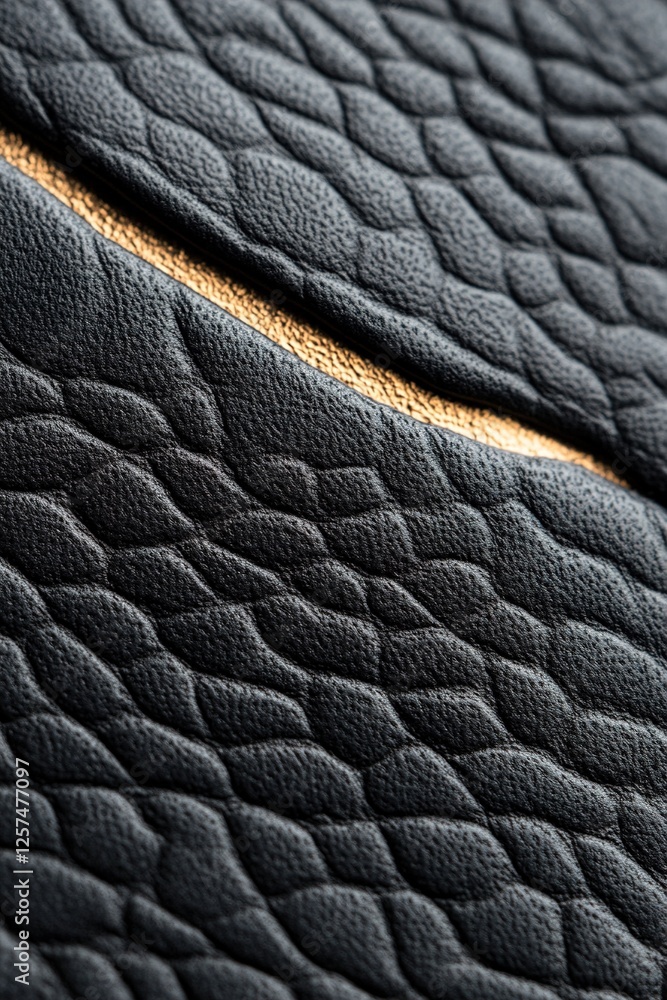 Poster rich black leather showcases intricate embossed patterns and subtle gold foil accents, creating an e
