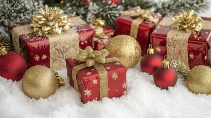 Obraz premium Festive red & gold gifts in snow; Christmas background