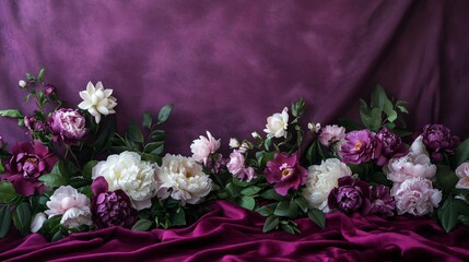 Elegant Floral Arrangement with Rich Purple Background and Drapery