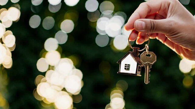Close-up angle of a hand holding a house keychain, symbolizing home ownership. Soft focus and warm tones create a welcoming video concept.