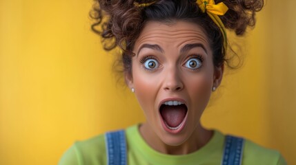 Woman with a yellow bandana on her head and a big, wide open mouth