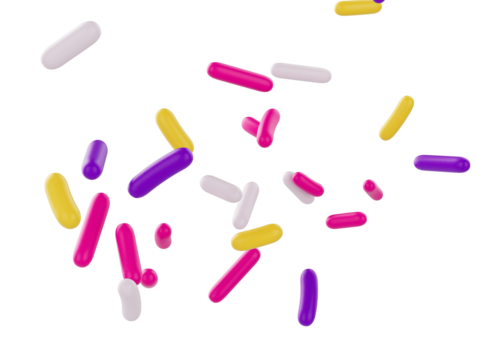 Bright and colorful candy sprinkles scattered and floating in mid-air, 3d illustration