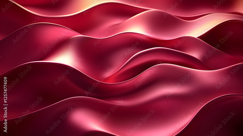 Poster undulating crimson fabric background with soft waves and elegant sheen illuminated by gentle light.