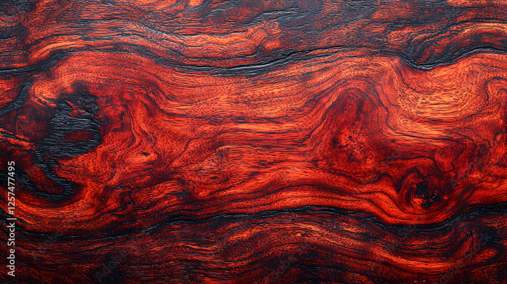 Poster rich reddish hardwood grain with intricate swirling patterns and smooth texture for design projects.