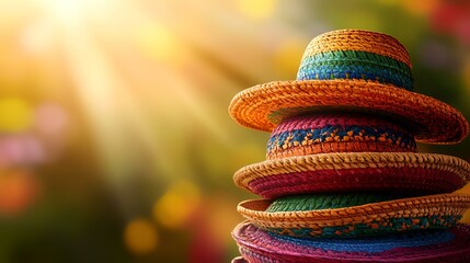 Colorful straw hats stacked outdoors in sunlight; summer fashion, travel, vacation