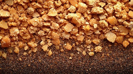 Close-up view of raw brown sugar granules scattered on a dark surface, highlighting texture and color