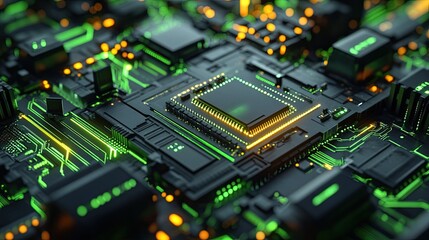 Obraz premium A futuristic circuit board pattern in glowing neon green and black, symbolizing advanced technology.