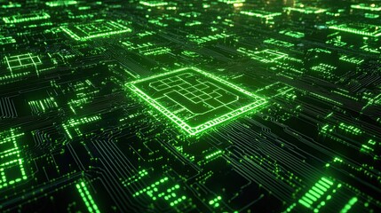 A futuristic circuit board pattern in glowing neon green and black, symbolizing advanced technology.