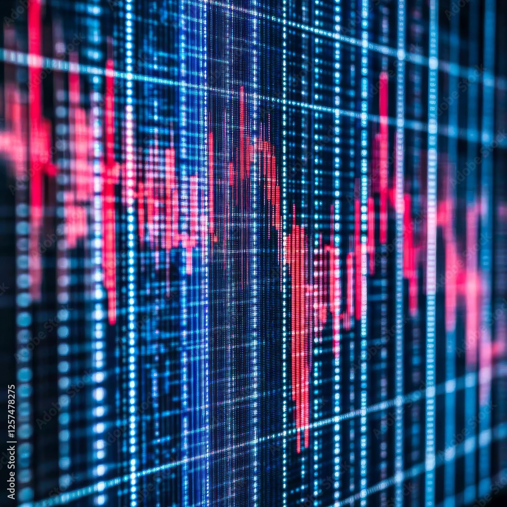 Poster Digital Finance Abstract: Stock Market Graph Visualization with Blue Grid and Red Downtrend, Reflecting Volatility and Economic Uncertainty.