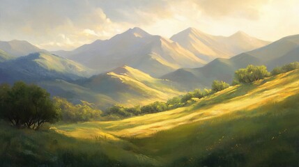 Fototapeta premium Sunlit mountain valley landscape, pastoral scene, idyllic background for travel brochure
