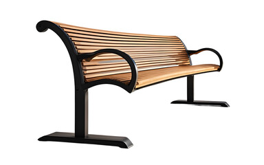 A public street bench with a curved wooden seat and metal legs, isolated on a empty plain background