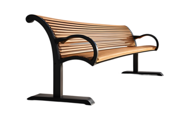 A public street bench with a curved wooden seat and metal legs, isolated on a empty plain background