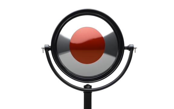 A round convex traffic mirror mounted on a metal pole, isolated on a empty plain background