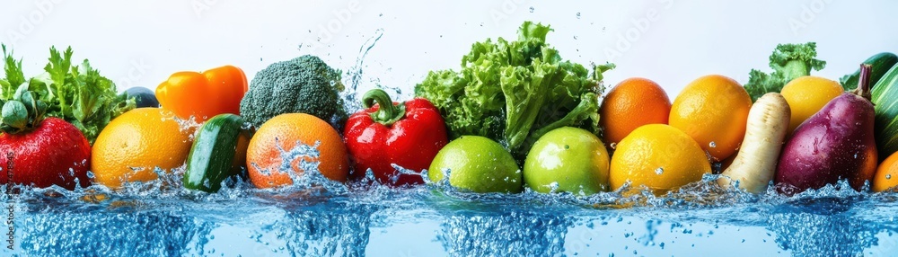 Aufkleber Fruits and vegetables splashing into clear water creating dynamic splashes and droplets