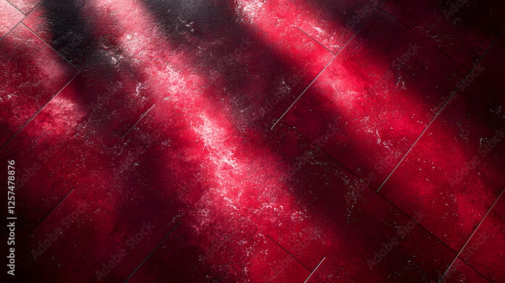 Poster red textured flooring with dramatic shadows creating an artistic contrast in lighting and color.