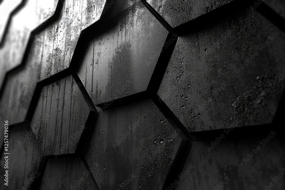 Poster here's a description for your photo stock image: dark hexagonal pattern, wet surface texture. ideal 