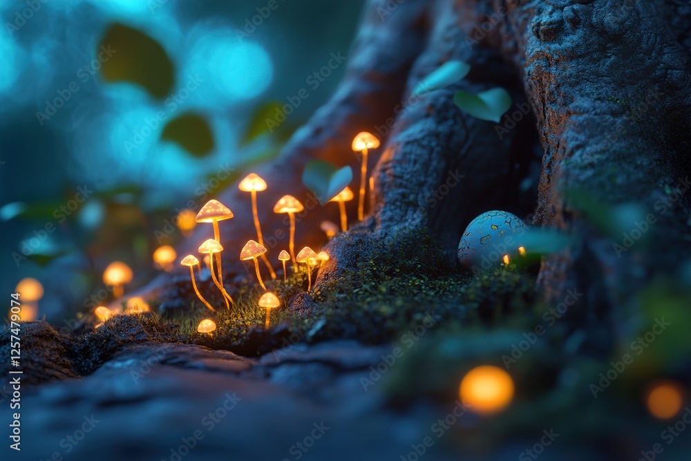 Poster a hidden paradise appears under the massive roots of an ancient tree, where tiny glowing mushrooms a