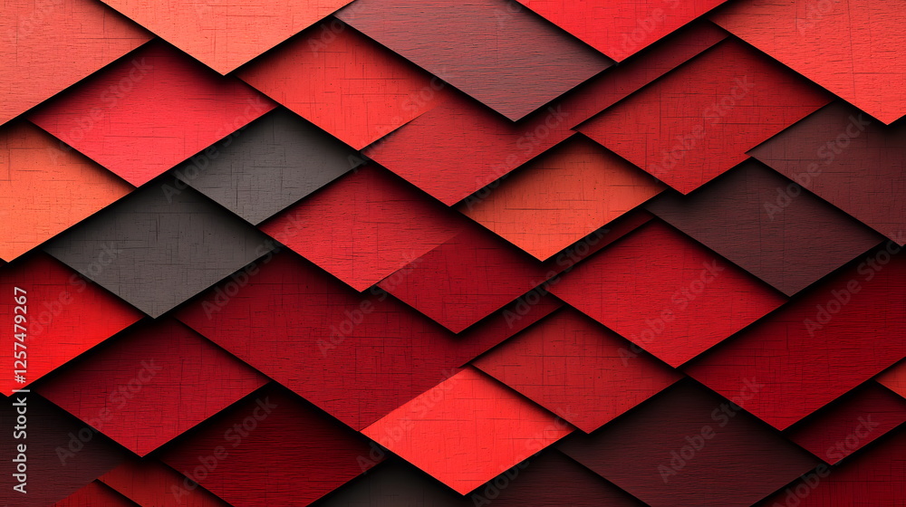 Poster red geometric patterns layered in a quilt-like design with varying textures and shades of crimson.