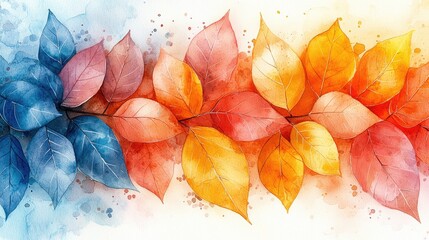 Vibrant watercolor illustration of autumn leaves in various colors with a soft background