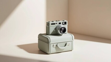 Minimalist compact suitcase in muted pastel green with a vintage-style camera resting on top, softly glowing, light beige background symbolizing travel photography  
