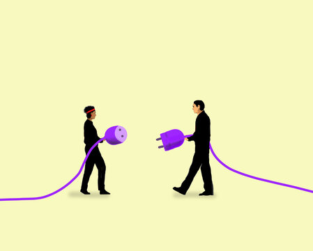 Illustration of human figures holding electric plug and socket