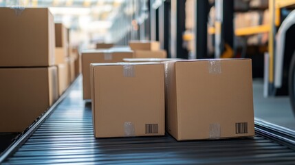Cardboard boxes on conveyor belt, warehouse