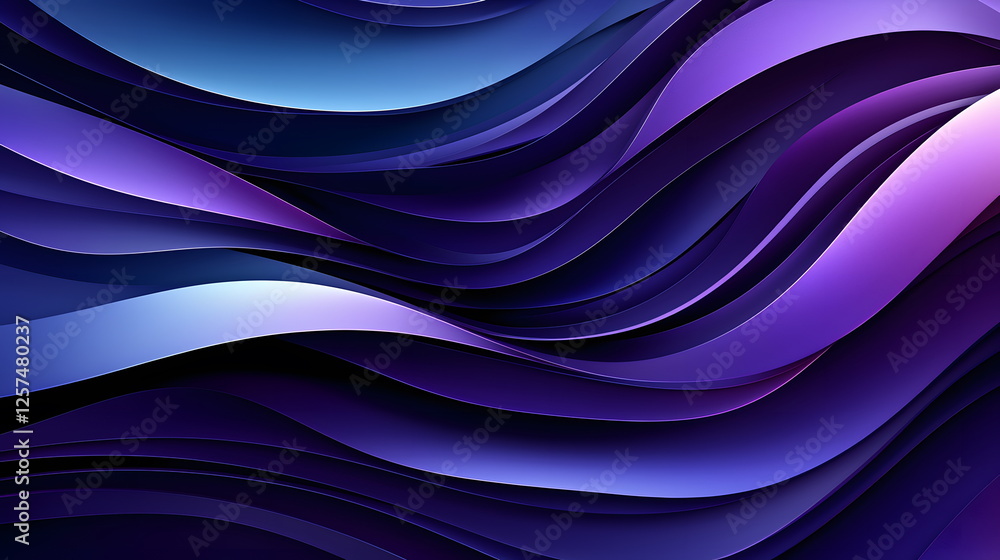 Aufkleber flowing purple and blue layered waves abstract background design with smooth gradients and curves.