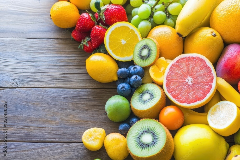 Poster assorted fresh fruit including apples bananas and oranges on a rustic wooden table surface