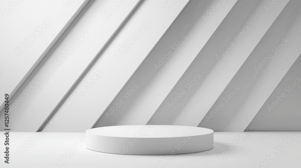 Poster a realistic gray cylinder stand is prominently placed in a stylish minimalist space. angled white wa