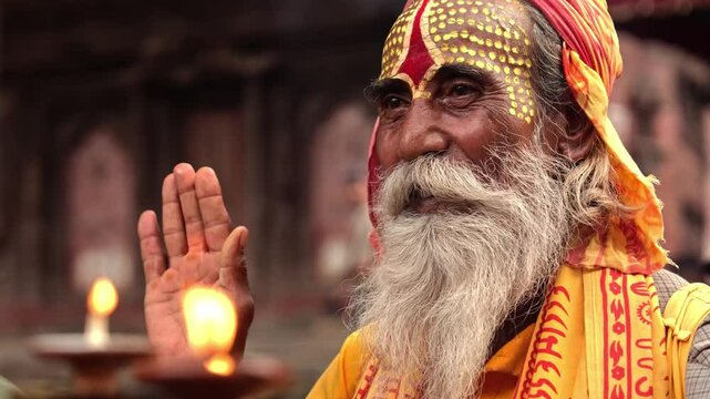 Holy Man in Saffron Robes Offering Blessing