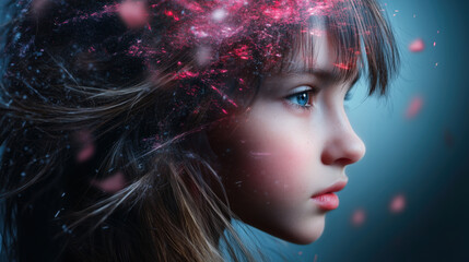 Digital Art Female Profile with Floral Particle Effect