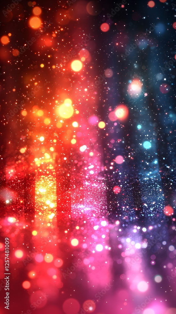 Poster colorful bokeh lights floating in a dark background creating a vibrant, dreamy atmosphere full of sp