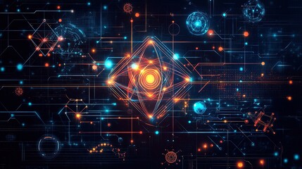Fototapeta premium Abstract digital design with luminous data streams, glowing atoms, and scientific icons