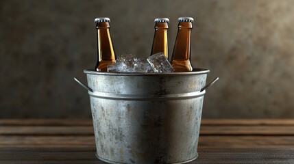 Metal bucket with beer bottles and ice cubes