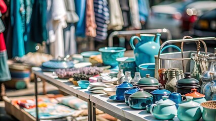 Vintage ceramics and dishes and decorative items overflowing at a flea market