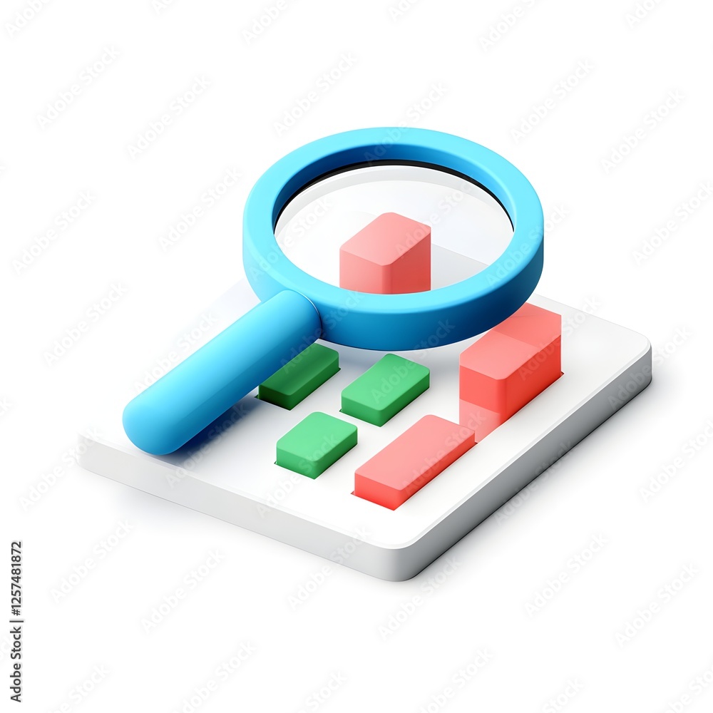 Poster 3d magnifying glass on business data graph