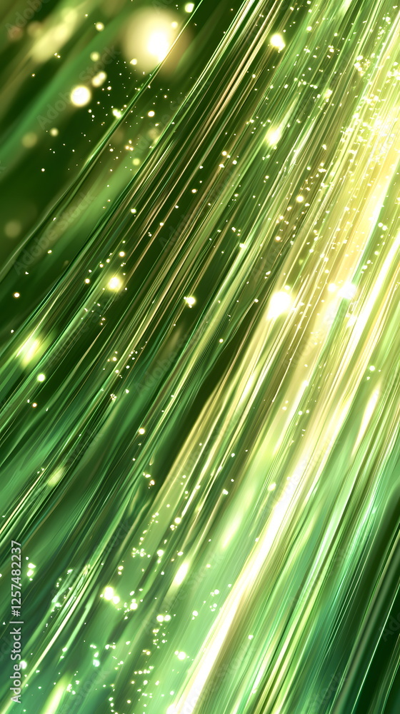 Poster vibrant green light streaks sparkling with bokeh effects creating a dynamic abstract background.